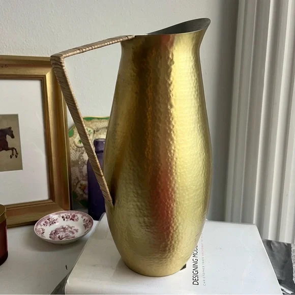 Anthropologie Hearthside Hammered Brass Tone Rattan Handle Pitcher Jug - Picture 4 of 10